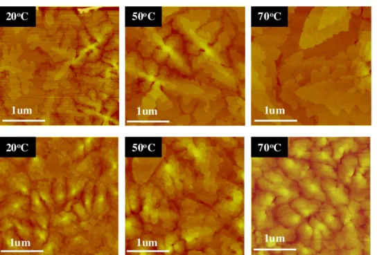 Figure 7. AFM images of 8 nm-thick pentacene films deposited at various temperatures onto HMDS- (top panel) and PαMS-treated (bottom panel) SiO 2 substrates; image size: 3 × 3 µm 2 .
