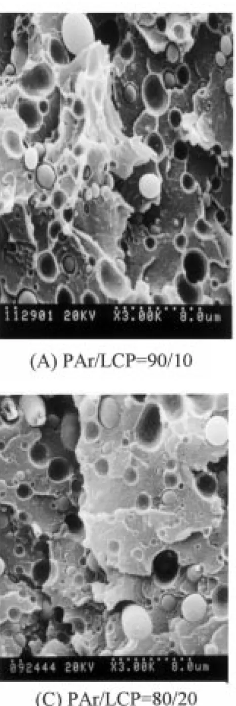 Fig. 5. SEM micrographs of the cryogenically fractured surfaces of the uncompatibilized and compatibilized PAr/LCP blends, per- per-pendicular to the flow direction of the injection-molded specimen and at the core region.