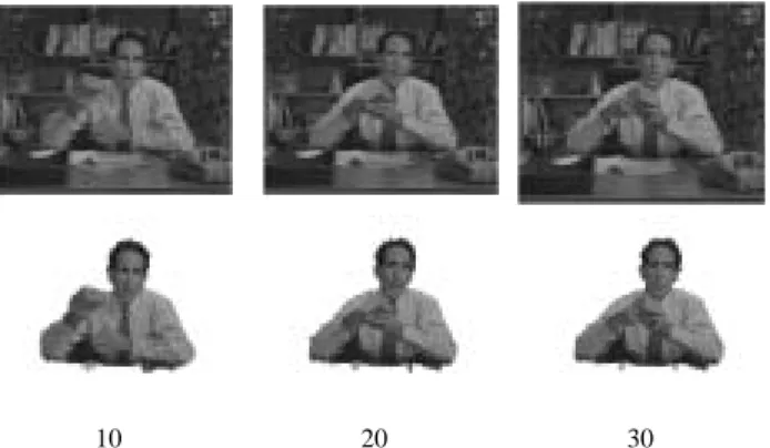 Fig. 7. Segmented foreground object of Salesman. Top row: original  frames; middle row: segmentation results; bottom row: frame  numbers