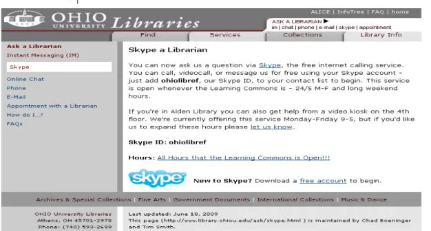 圖 2-7  俄亥俄大學圖書館 Skype a Librarian 