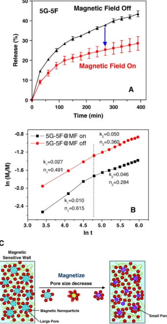 Fig. 6 (C). The walls between the macropores in the magnetic particle network of the ferrosponge possess large amounts of mesopores, in which drug release is solely dominated by molecular diffusion through the mesopores to environment