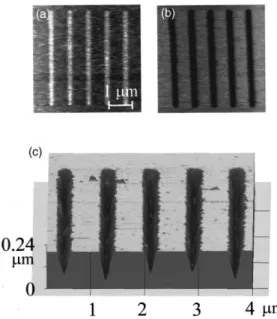 FIG. 9. 共a兲 AFM image of oxide lines on the LPCVD Si 3 N 4 film. 共b兲
