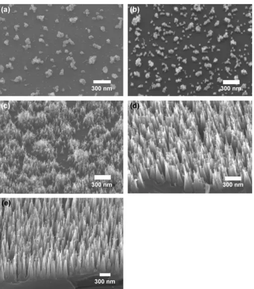 Fig. 1. Typical SEM micrographs of the as-grown CNCs synthesized under different negative substrate bias: (a) 0 V, (b) 50 V, (c) 150 V, (d) 200 V and (e) 300 V (ref
