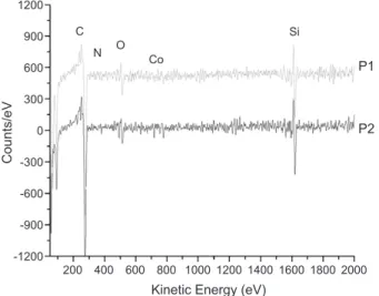 Fig. 4. AES spectra of the as-grown CNCs, where P1 and P2 are sites on individual CNC of the corresponding SEM image in Fig