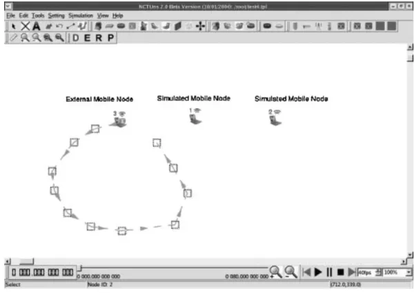 Figure 5 shows an emulation example in which one external infrastructure-mode mobile node in the real-world communicates with a simulated host at the top via a simulated wireless access point.