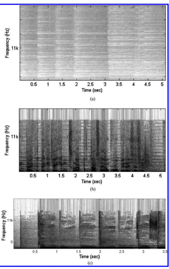 Fig. 2. Five spectrogram examples. (a) Music. (b) Speech with music background. (c) Song
