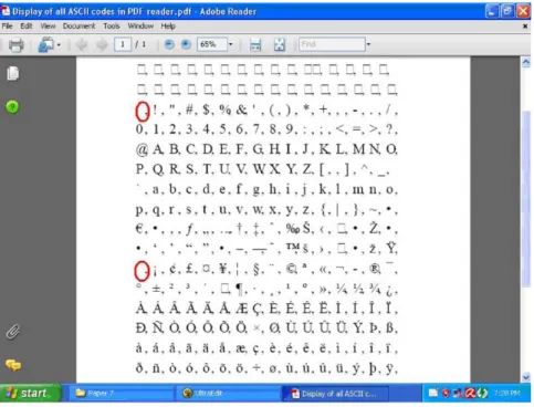 Fig. 1. Display of all ASCII codes in an Adobe Reader’s window, in which only 20 and A0 appear to be white spaces (the ﬁrst spaces in the 3rd and the 11th lines as circled).