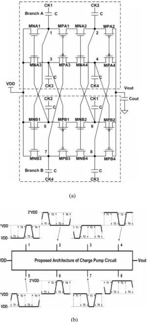 Figure 3.   (a) The circuit scheme and (b) corresponding voltage  waveforms for the proposed architecture of charge pump circuit