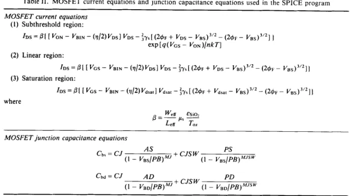 Table  11.  MOSFET  current  equations and  junction  capacitance equations  used  in the  SPICE  program 