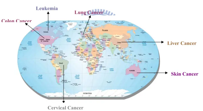 Figure 1.1. Regions of higher incidence of different forms of Cancers 