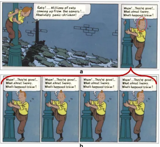 Fig. 2 Novel views synthesis in a comic. a Two consecutive frames in a comic. b The frames synthesized from a single frame
