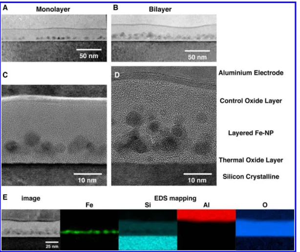 Figure 3. Cross-sectional TEM images of BND structures fabricated by BioLBL. TEM image of (A) monolayer and (B) bilayer BND structures for use in ﬂash memory devices
