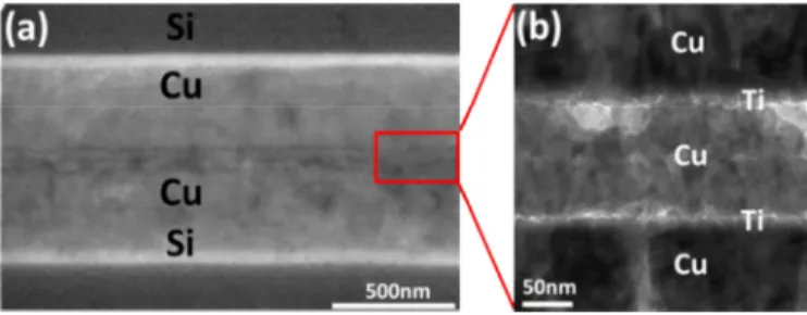 Fig. 1. Cu/Cu with Ti passivation bonded results. (a) SEM. (b) TEM.
