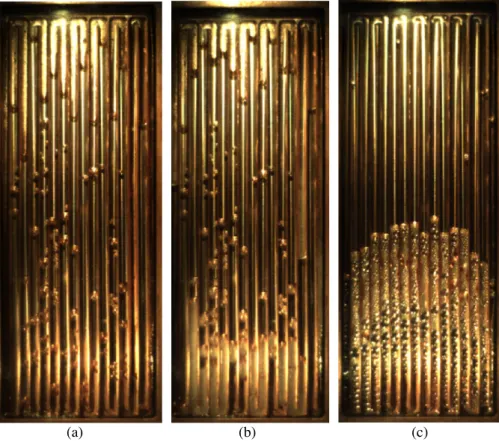 Fig. 7. High speed video picture of (a) initial state (b) 1 min of heating (c) steady state of horizontal orientation for uniform channels CLPHP.