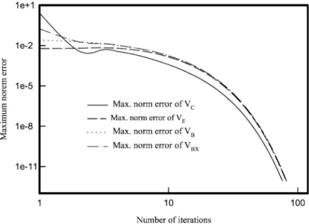 Fig. 3. The maximum norm error versus number of outer iterations. All computed unknowns have the same strictly convergent behavior.