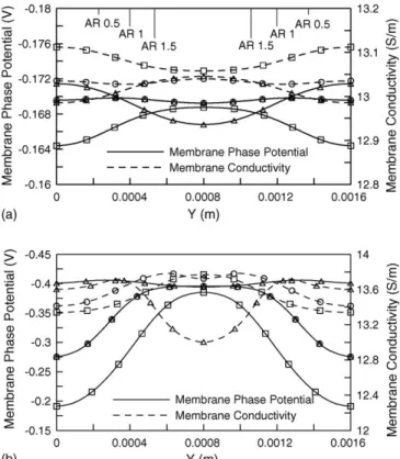 Fig. 4 plots the membrane phase conductivity and potential at GDL thicknesses of 152, 203 and 356 ␮m and cell voltages of 0.62 and 0.14 V, to examine GDL thickness and cell 