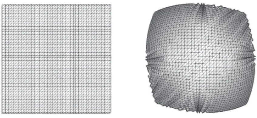 Figure 7: Top view of the evolution of a square cloth driven by a parabolic velocity field v = v 0 ( x 2 + y 2 ) 