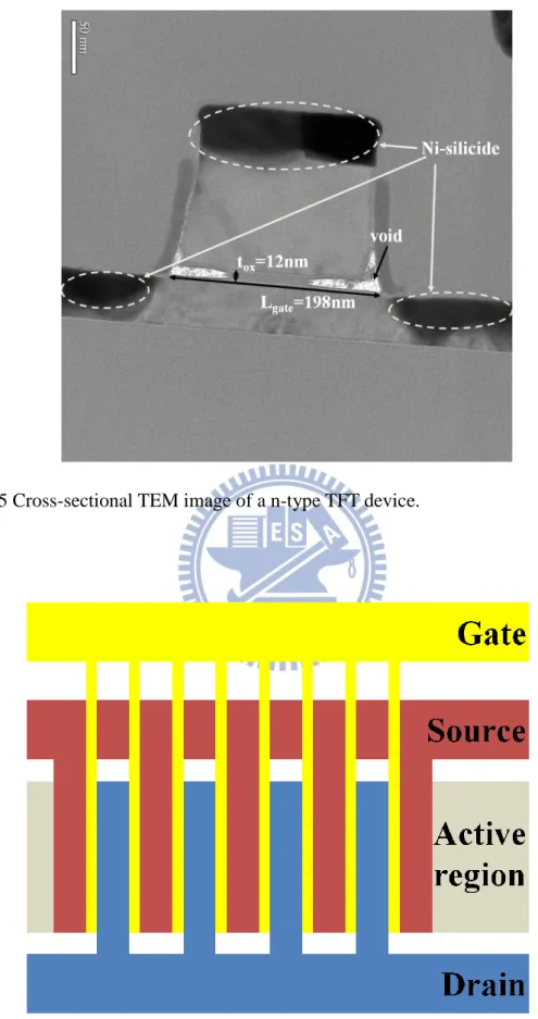 Fig. 2.6 The device design with interdigital gate structure. 