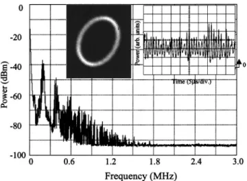 FIG. 5. Experimental results for the transverse patterns and power intensity spectra of the elliptical mode at 1.25 times above threshold