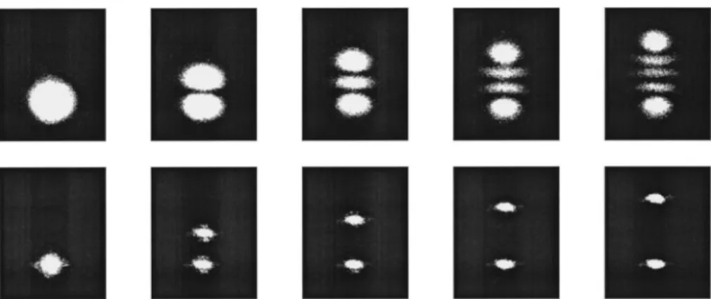 Fig. 2. Sequence of transverse mode patterns for a Nd:YVO 4 laser observed at the semiconfocal cavity (bottom row) and away from it (upper row) with on-axis pumping and the offset between the optic axis and the pump beam increasing from left to right.