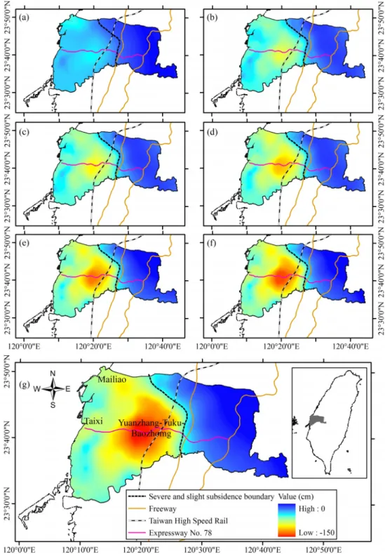 Figure 7. Cumulative land subsidence obtained by leveling data in Yunlin County from 1992 