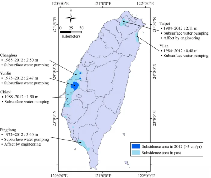 Figure 1. Distribution of land subsidence in Taiwan from 1972 to 2012 (adapted from the 