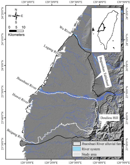 Figure 2. The white dash line indicates the study area south of the Jhuoshuei River alluvial fan