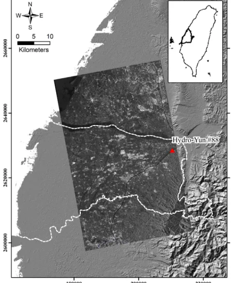 Figure 6. SAR intensity image of the study area (white dash line). 
