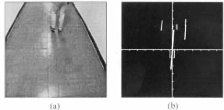 Fig. 13. Another experimental result of generated collision-free path. (a) Detection result of a wall, the followed person, and an obstacle on the ground of the corridor