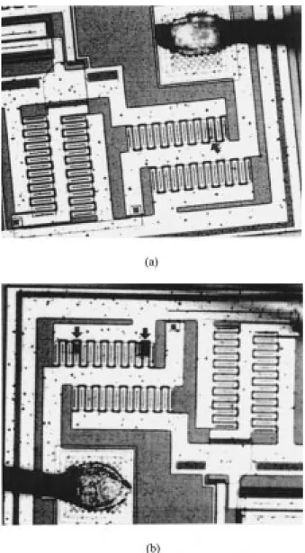 Fig. 19. Pictures showing the ESD failure location (indicated by the arrows) on the smart-card IC with the p-doped polysilicon diodes after the pad1 pin is zapped with a 4-kV HBM ESD stress in (a) the VSS( +) and (b) the VDD(0) ESD test conditions.