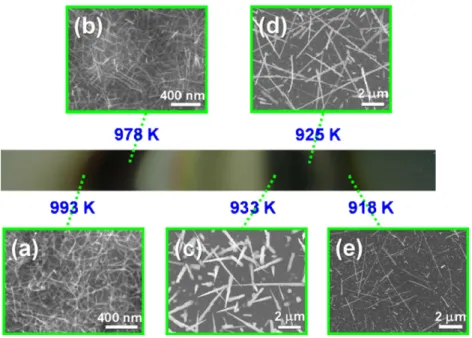 Figure 1. Optical micrographs of an as-synthesized specimen grown on a silicon substrate; (a)–(e) the corresponding temperatures and SEM