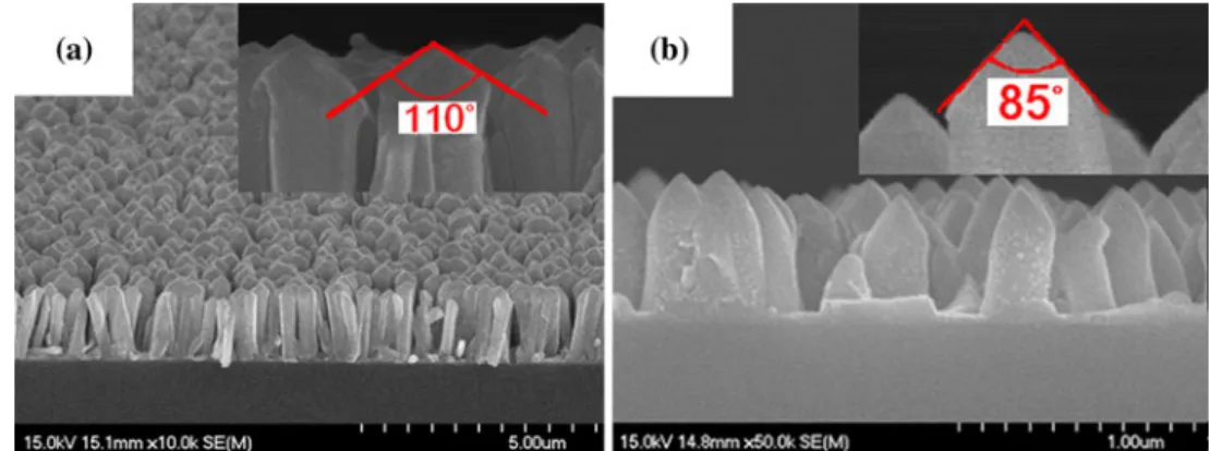 Fig. 2 Typical SEM images of the ZnO-NRs grown by chemical method after a plasma and b two-step etching [ 78 ]