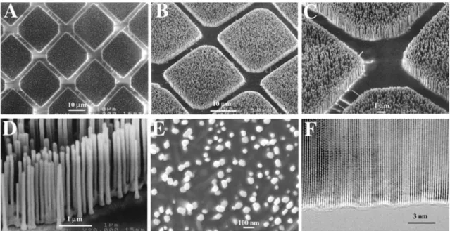 Fig. 6 a–e SEM images of ZnO-NW arrays grown on sapphire substrates by VLS method. A top view of the well-faceted hexagonal NW tips is shown in e