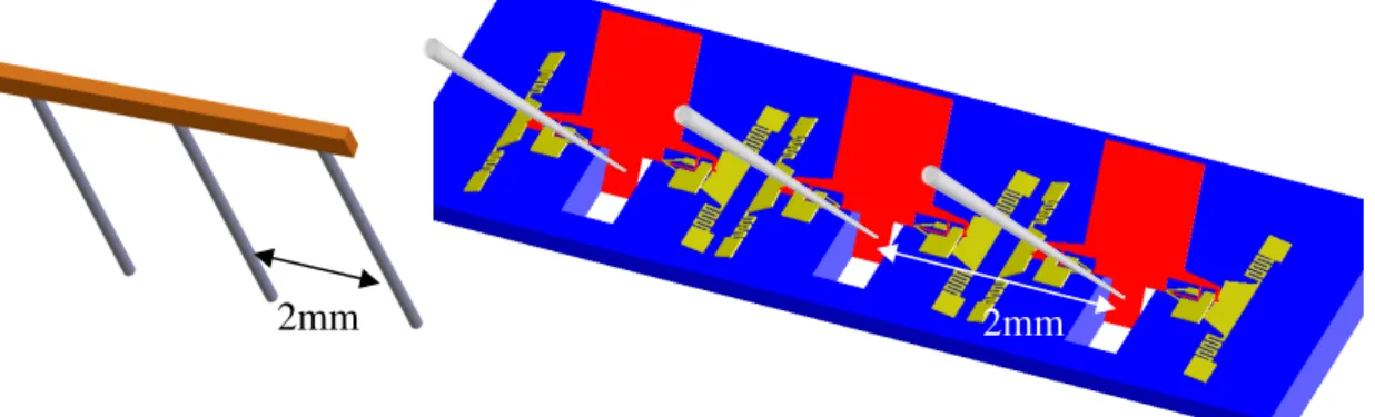 Figure 2-4 (a) Array of microprobes, (b) schematic of batch assembly. 