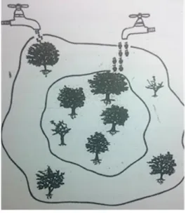 圖 1 Hackman 的資源分配觀  Hackman 將整個組織視為一個樹 林 ， 內圈 的樹 木代 表 中心 性高 的 單 位，即「核心單位」 ，外圈的樹木則代 表中心性低的單位，即「邊陲單位」 。 水龍頭的水源代表「外部資源」的注 入，位於內圈且有水源注入的樹木， 即「核心受益單位」 ，以茂密的樹木表 示，位於內圈但無水源注入的樹木， 即「核心失益單位」，則以枯枝來表 示，位於外圈且有水源注入，即「邊 陲受益單位」 ，以茂密的樹木表示，而 位於外圈但無水源注入，即「邊陲失 益單位」，以枯枝來做表示。 