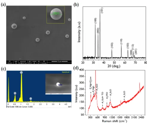 Fig. 1. (a) The SEM image of annealed ZnO microspheres on Si Substrate. (b) XRD pattern  and (c) corresponding EDX spectrum from a single microsphere