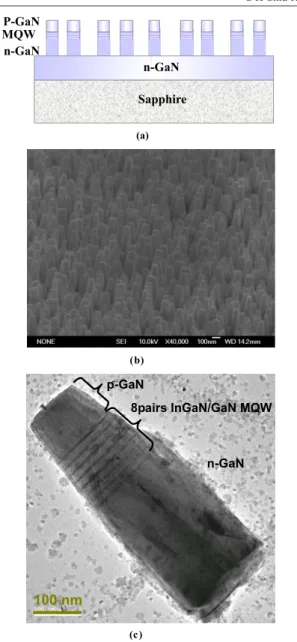 figure 1 (a). Figures 1 (b) and (c) show the tilted 45 ◦ field- field-emission scanning electron microscope (Hitachi, FE-SEM  S-5000) image and transmission electron microscope (JEOL, JEM-200CX) image of the fabricated In 0 .3 Ga 0 .7 N/GaN MQWs