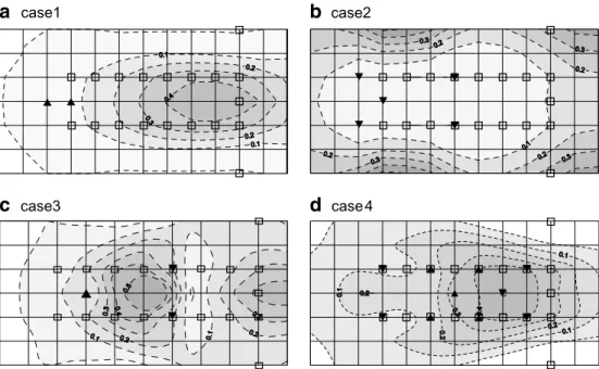 Figure 5 The optimal number of well and concentration distribution at the final period in cases 1–4 (unit: ppm) (m: pumping well, 