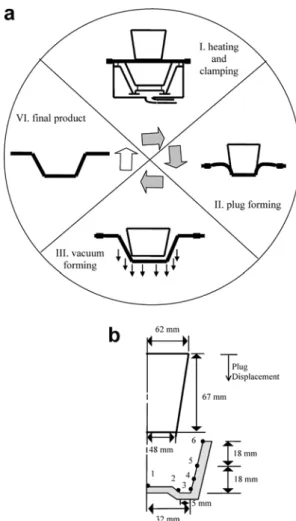 Fig. 1 a Schematic of the thermoforming process, b Axisymmetric geometry of the mould and the assist plug