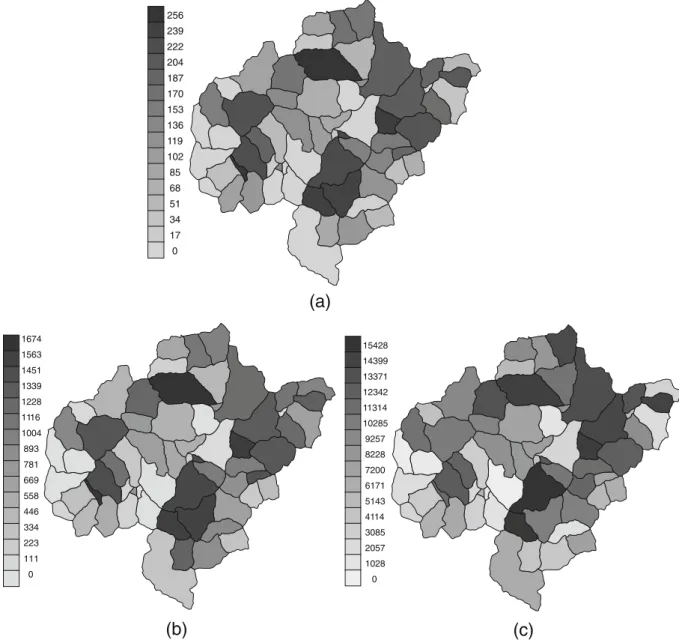 Fig. 2 Pollution loads in each sub-catchment: a TP, b TN, and c SED loads (in kilograms per day)