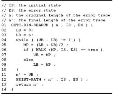 Fig. 2 depicts the pseudocode of our error trace compaction algorithm. It accepts three inputs: the initial state IS, the error state ES, and the original length n