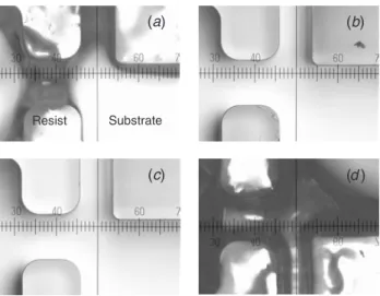 Figure 1. Top view of the SU-8 resists after deep x-ray lithography. The resists were held in air before soft baking for various times: (a) 0 h, (b) 3 h, (c) 6 h and (d ) 12 h.