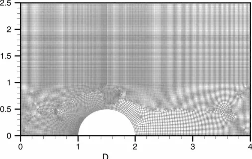 FIGURE 11 Computational mesh distribution of a nitrogen hypersonic flow over a cylinder (32319 cells, Kn1 ¼ l 1=D ¼ 0:025; M1 ¼ 20; T1 ¼ 20 K; n1 ¼ 5:1775 £ 10 19 part=m 3 ; D ¼ diameter of cylinder).