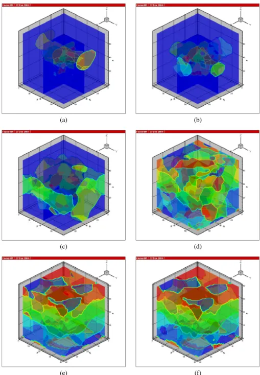 Fig. 3. Evolution of domain decomposition simulation domain on the system surface and special sections for the different atomic final states (25 processors): (a) at 500 steps (condensed); (b) final (condensed); (c) at 500 steps (vaporized); (d) final (vapo