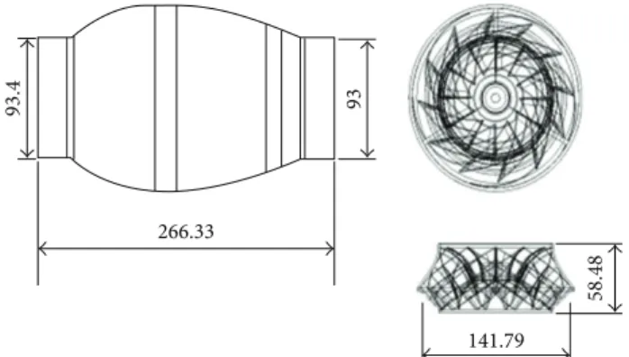 Table 1: Dimensions and parameters of the original fan. Name Dimensions (mm) Inlet diameter 93.4 Outlet diameter 93 Length of fan 266.33 Width of impeller 58.48 Diameter of impeller 141.8 Number of blades 12
