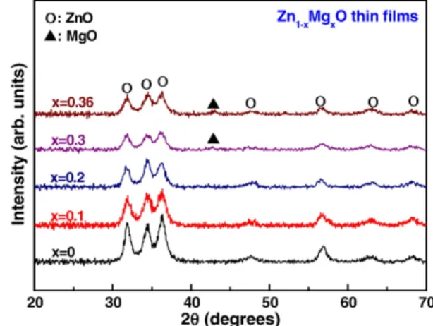 Fig. 1. TGA-DSC curves of the dried of Zn 1 − x Mg x O sols with x = 0, 0.2 or 0.3.