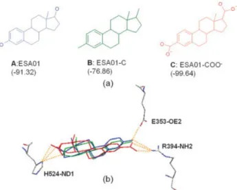 Fig. 8. Docking energy is inﬂuenced by ligand structures generated by CORINA. (a) The fraction of polar atoms in ESA01-C is the smallest among these 3 ligands, whereas that of ESA01-COO is the largest