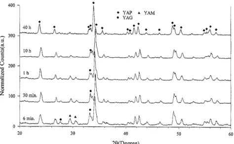 Fig.  5. XRD  patterns  of  powder  I3 heat-treated  at  1500°C  for  6  min  to  40  h