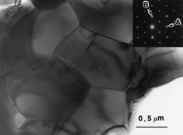 Fig. 3. (a) Needlelike sapphirine in the sample after exposure at 1200°C for 500 h; SADP was indexed as the monoclinic symmetry, for  conve-nience, indicating the 1Tc structure in the [100] M zone (A ⫽ (020) M and