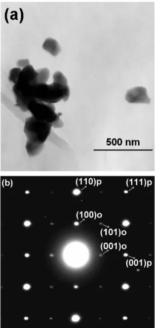 Fig. 4. (a) TEM image of the (La 0.44 Pb 0.33 )TiO 3 powder calcined at 900 8C and (b) the [1 1 0] p -zone SAED pattern of (La 0.44 Pb 0.33 )TiO 3 .